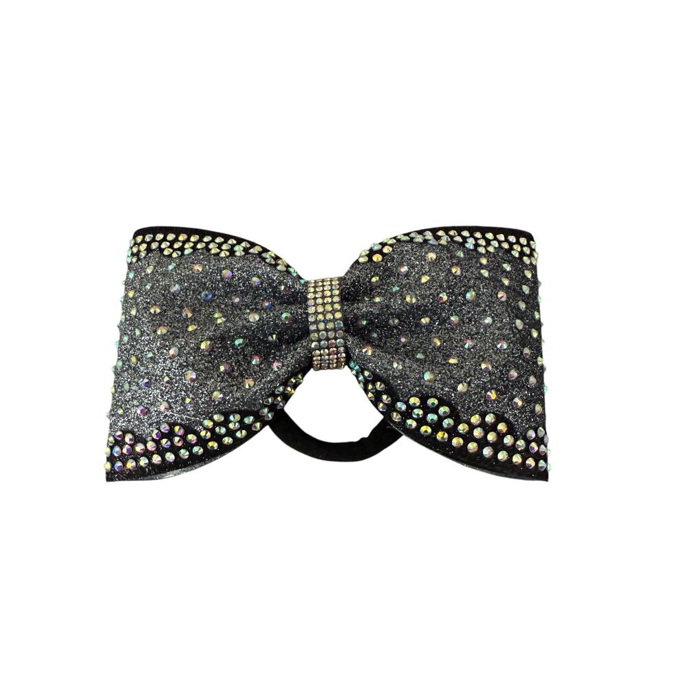 New Medium Black Glitter Cheer Bow with Rhinestones – Tailless Competition Hair